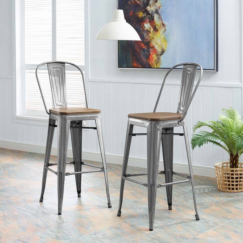 Industrial Modern Steel Bistro Bar Stool With Bamboo Seat in Black