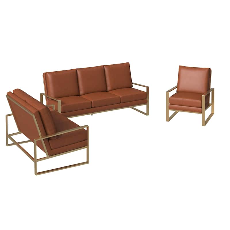 LeisureMod Modern 3-Piece Leather Sofa Set For 6 - Includes Sofa, Loveseat & Accent Chair for Home Office Living Room Bedroom