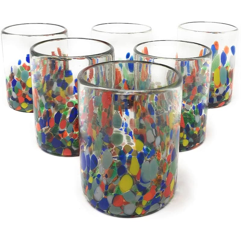 Dos Suenos Hand Blown Mexican Drinking Glasses - Set of 6 Confetti Carmen Tumbler Glasses (10 oz each) - Set of 6