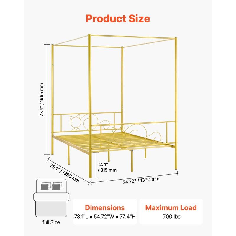 Gold Metal Full Canopy Bed Frame with Storage and DIY Decoration Rails