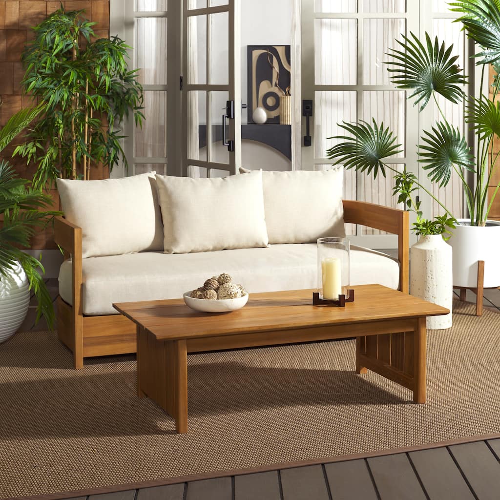 SAFAVIEH Outdoor Patio Furniture Kento Solid Wood Slatted Coffee Table - 47"W x 24"D x 15"H