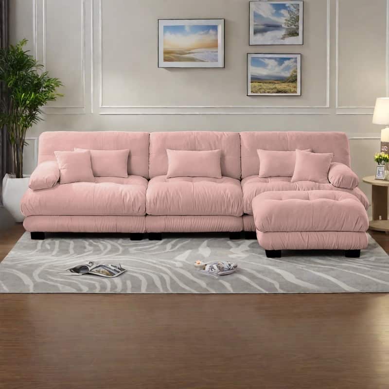 133.8" 3-Seater L-Shaped Chenille Cloud Couch with Ottoman and Oversized Deep Seat Sectional Sofa