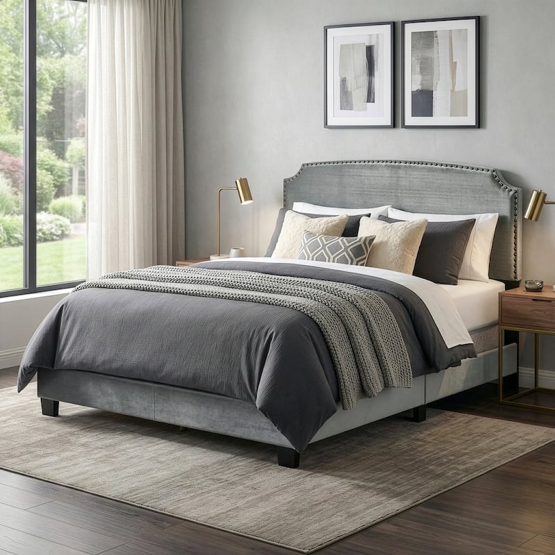 Arezo Silver Grey Velvet Queen Bed with Black Nail Head Trim