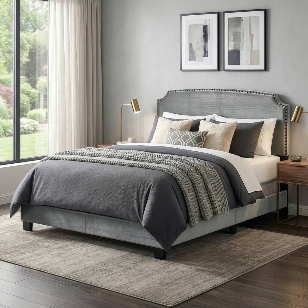 Arezo Silver Grey Velvet Queen Bed with Black Nail Head Trim