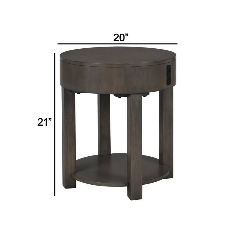 Yoel 20 Inch Modern End Table with USB Ports and Shelf, Brown Wood