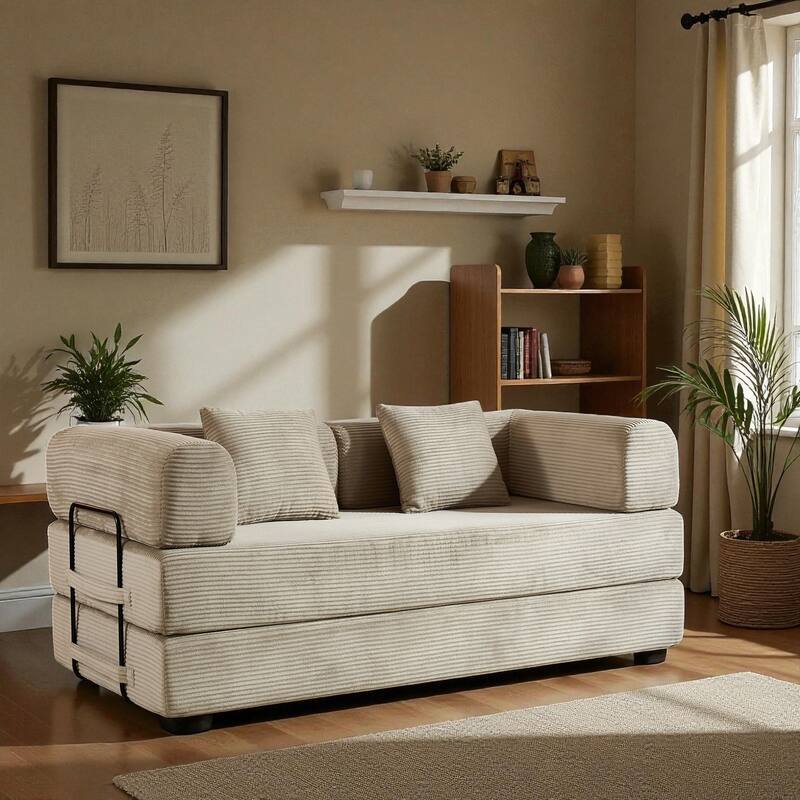 Convertible Corduroy Sleeper Sofa Bed, 4-in-1 Folding Mattress Couch with Cylindrical Pillow & Fixed-Shape Frame, No-Assembly