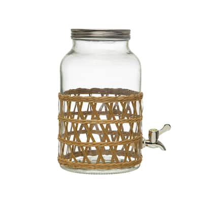 Glass Jar Beverage Dispenser with Woven Seagrass Sleeve - 7.5"L x 7.5"W x 11.8"H - 7.5"L x 7.5"W x 11.8"H