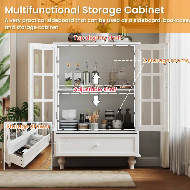 Buffet Cabinet with Double Glass Doors, Sideboard Cabinet with Drawer, Wooden Storage Cabinet with Adjustable Shelf