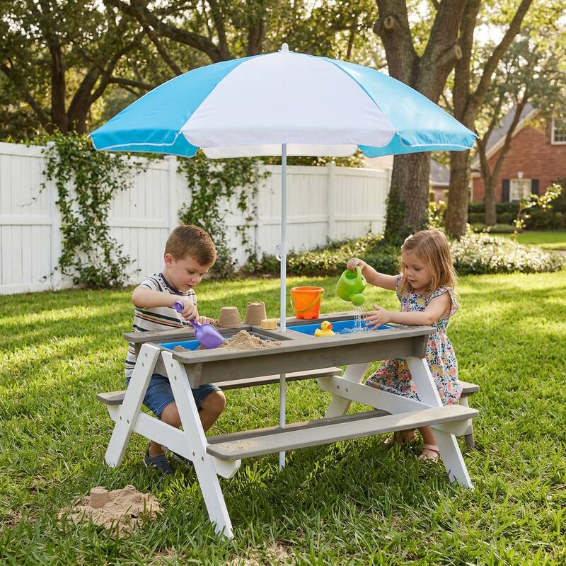 Wooden Kids Picnic Table, Sand and Water Table with Umbrella, Activity Table for Outdoor Backyard Patio Play