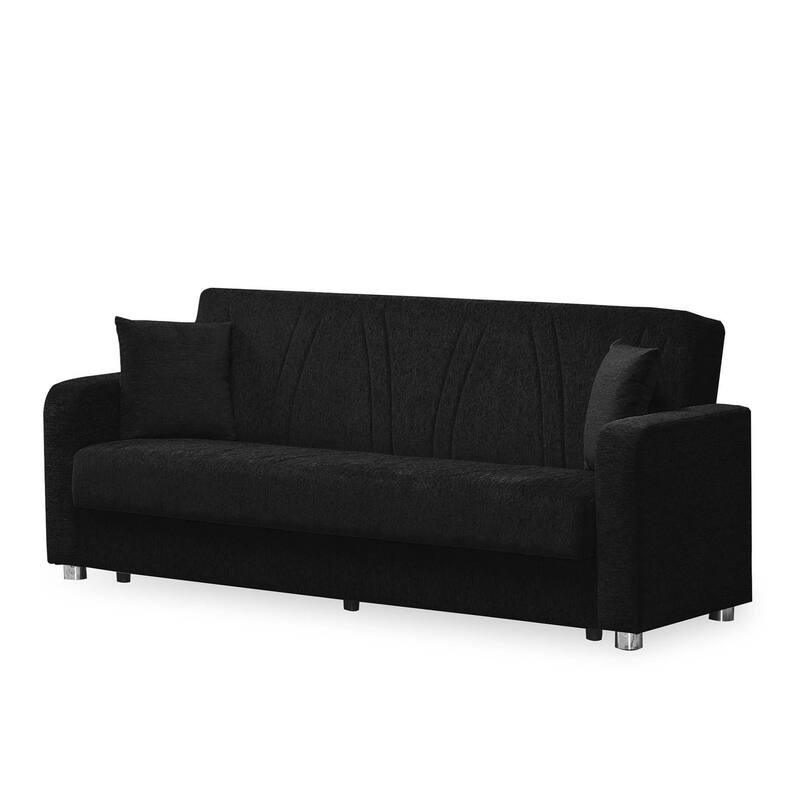 HomeRoots 87" Black Chenille Convertible Futon Sleeper Sofa And Toss Pillows With Storage