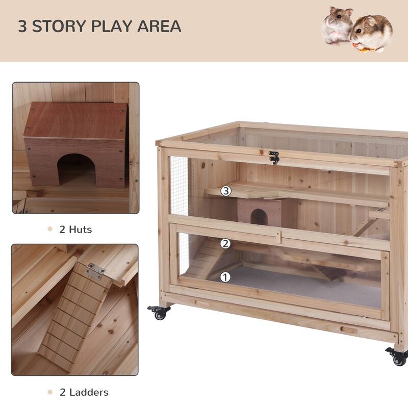 3-Tier Wooden Hamster Habitat with Wheels, Doors and Play Features - 39" W x 19.75" D x 27.25" H