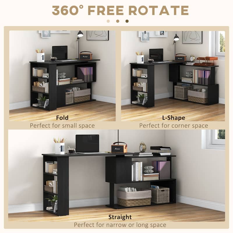 L Shaped Corner Desk, 360 Degree Rotating Home Office Desk with Storage Shelves, Writing Table Workstation