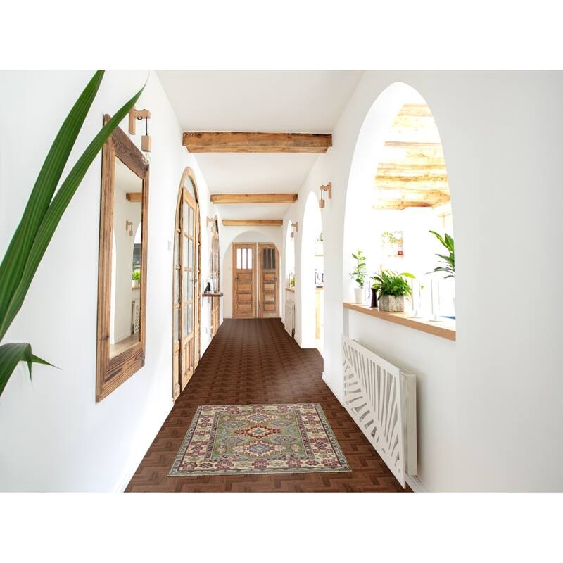 Green Kazak Accent Rug Handmade Oriental Wool Carpet - 2'8" x 3'11"