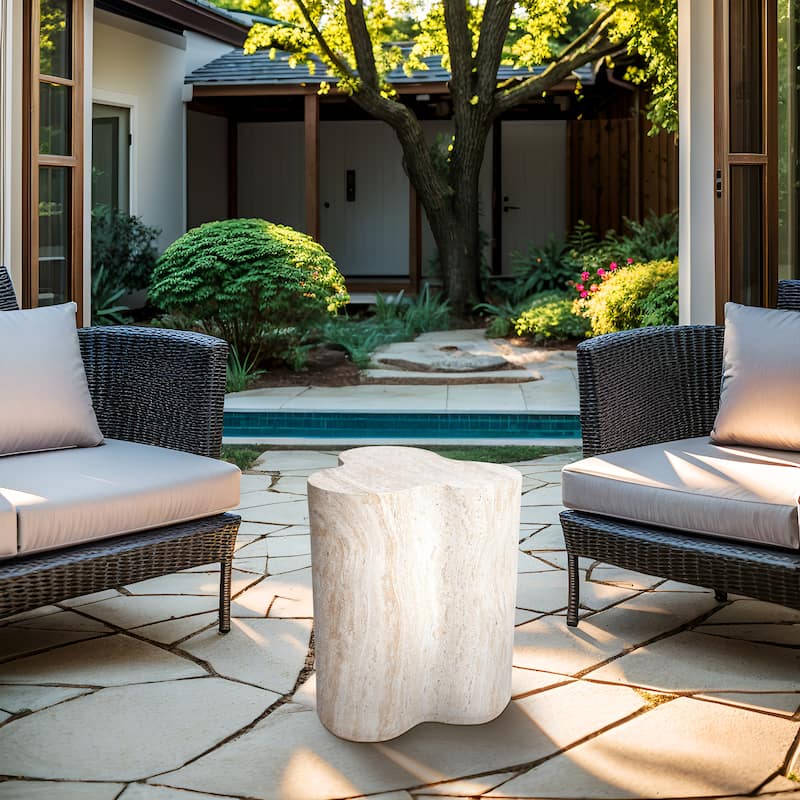 Clover Travertine Stone Finish Italian Design MgO Side Accent Table - 14.4"x13.8"x17.8"