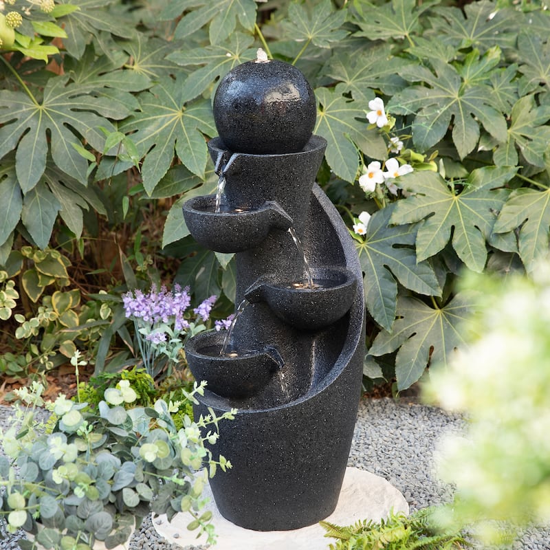 Glitzhome 33.5"H Modern 5-Tier Bowl and Sphere Polyresin Outdoor Fountain with Pump and LED Light