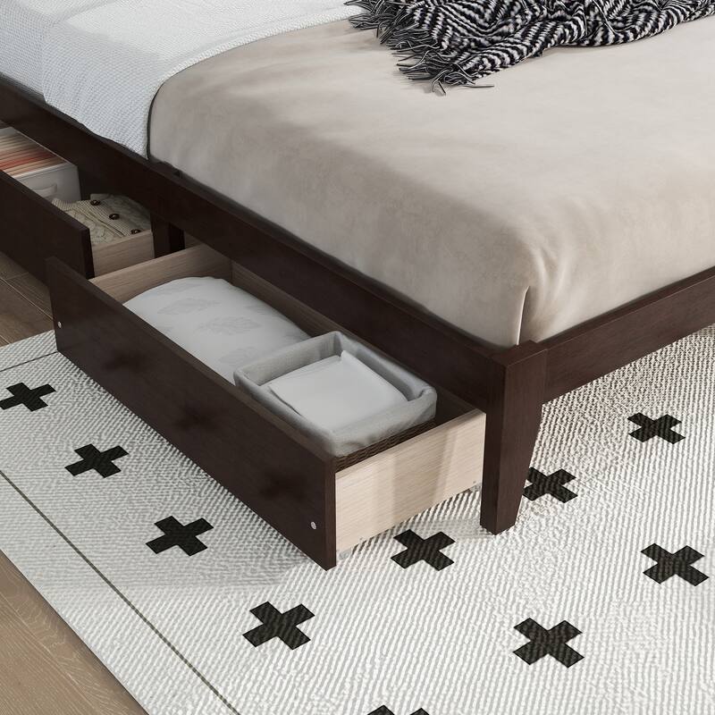 King Size Bed with Rattan Headboard and Storage Drawers, Rubber Wood Frame, Espresso Finish