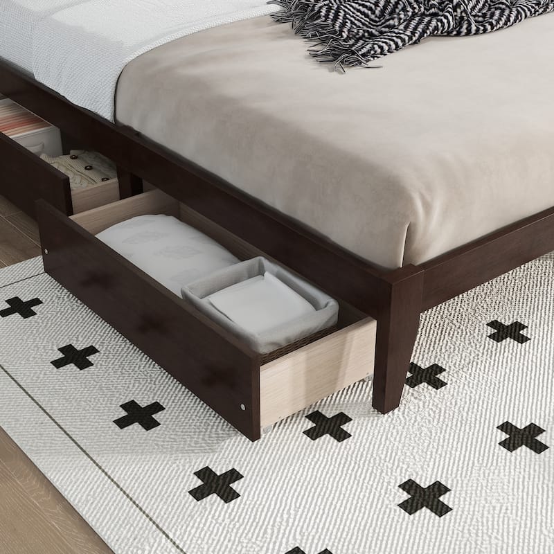 Queen Platform Bed with Rattan Headboard, 2 Drawers, Solid Rubber Wood Frame