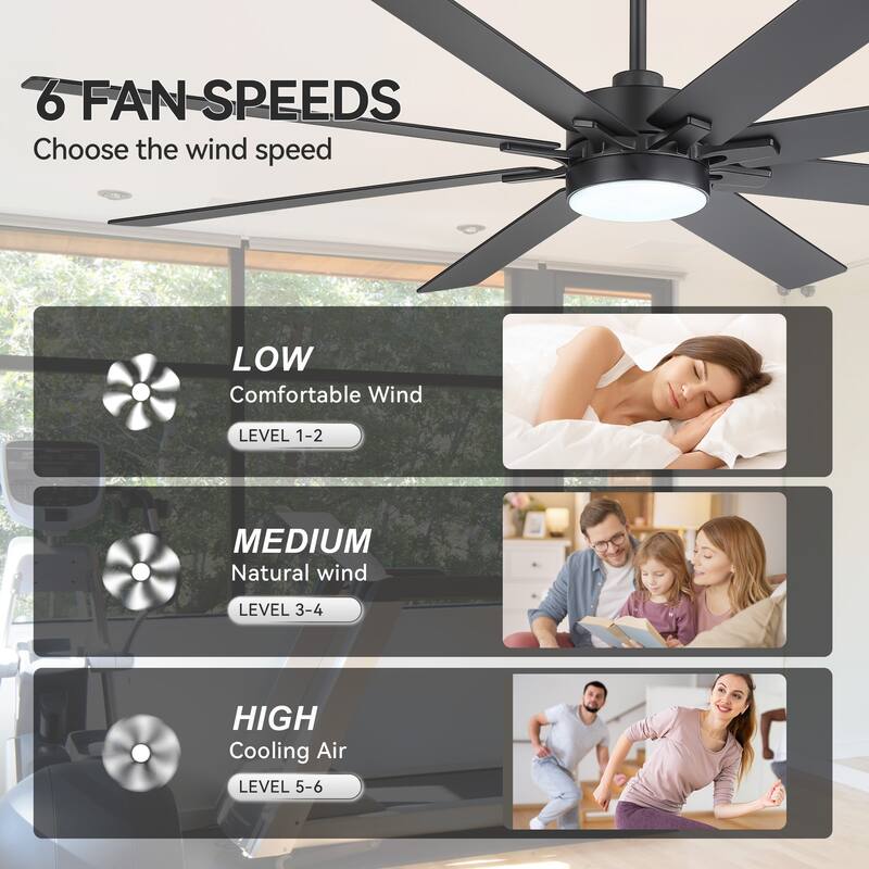 72 Inch Black Large Ceiling Fan with Light and Remote(8-Blade) - Satin Nickel