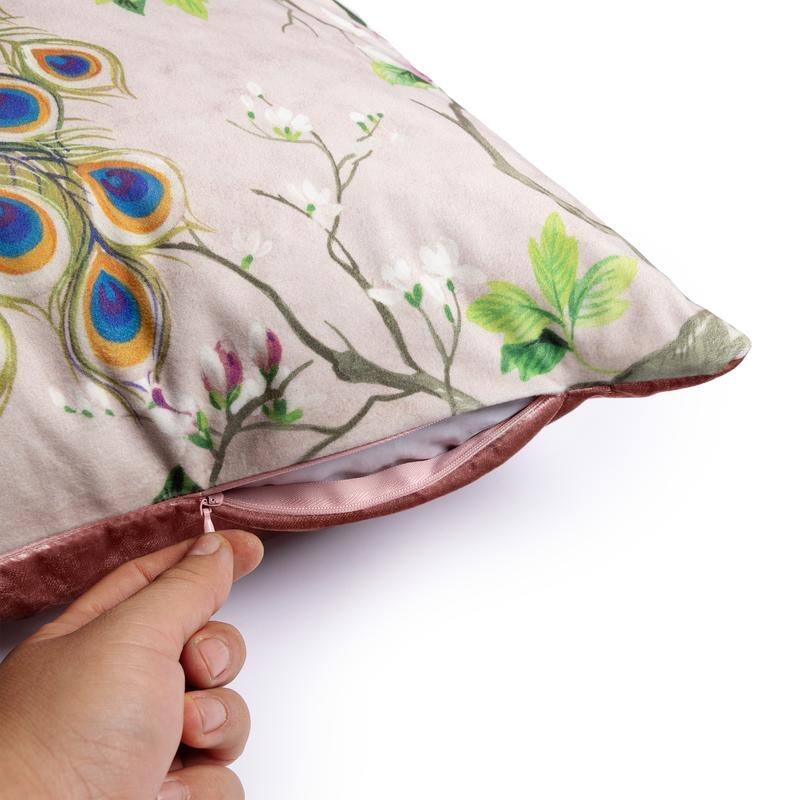 Austin Horn Classics Peacock Decorative Velvet Pillow Pale Pink, 22"x22", Spanish Printed Velvet