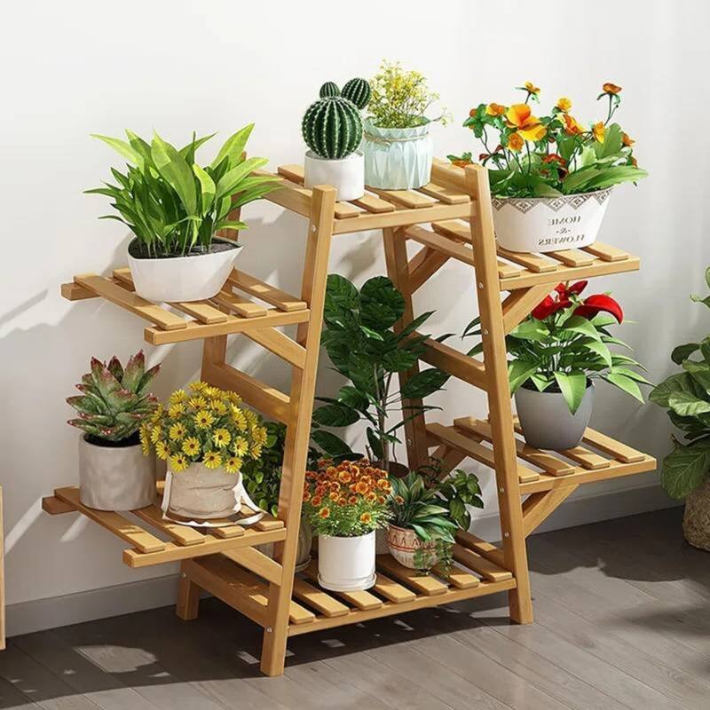Space-Saving Triangular Plant Table Solid Wood Wicker Pot Stand for Patio or Living Room - 6 Shelf - Natural