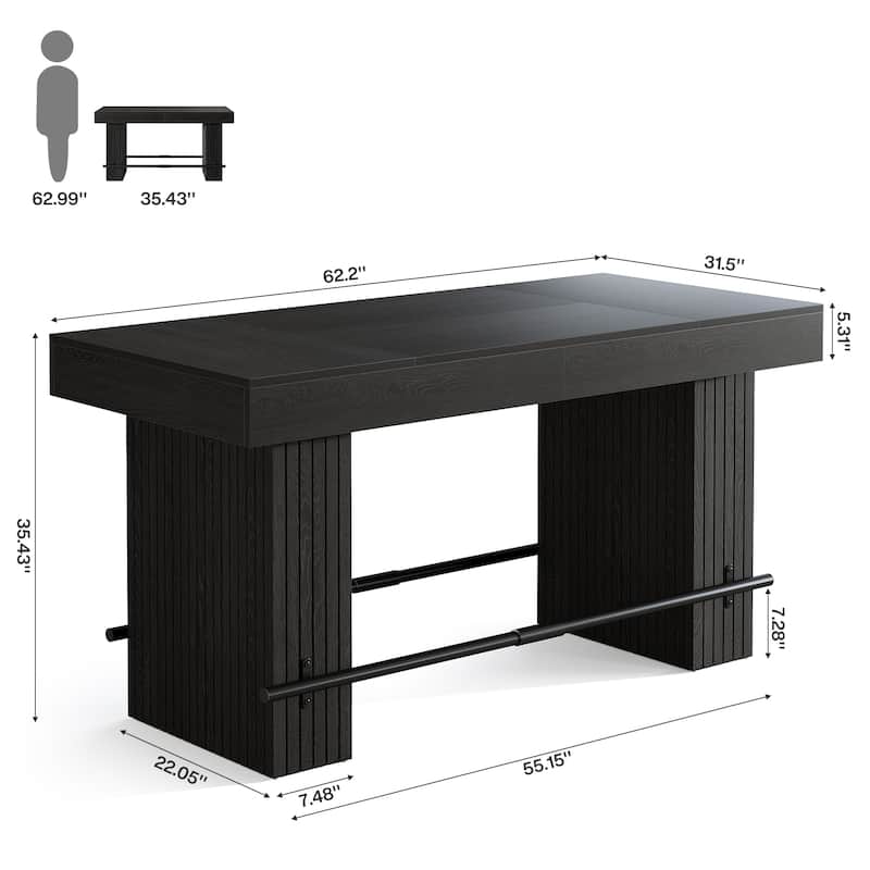 63-Inch Bar Table with Footrest, Bar Height Dining Table with Spacious Top, Industrial Style - 31.5" D x 62.99" W x 35.43" H