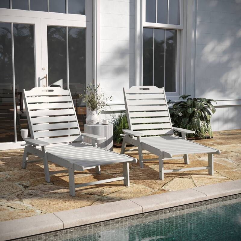 Set of 2 Outdoor Adjustable Lounge Chairs with Cupholders - White