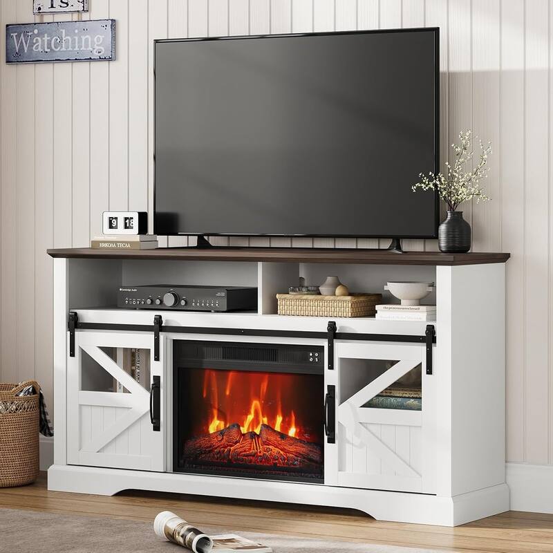 Farmhouse Electric Fireplace TV Stand Entertainment Center for Living Room, White
