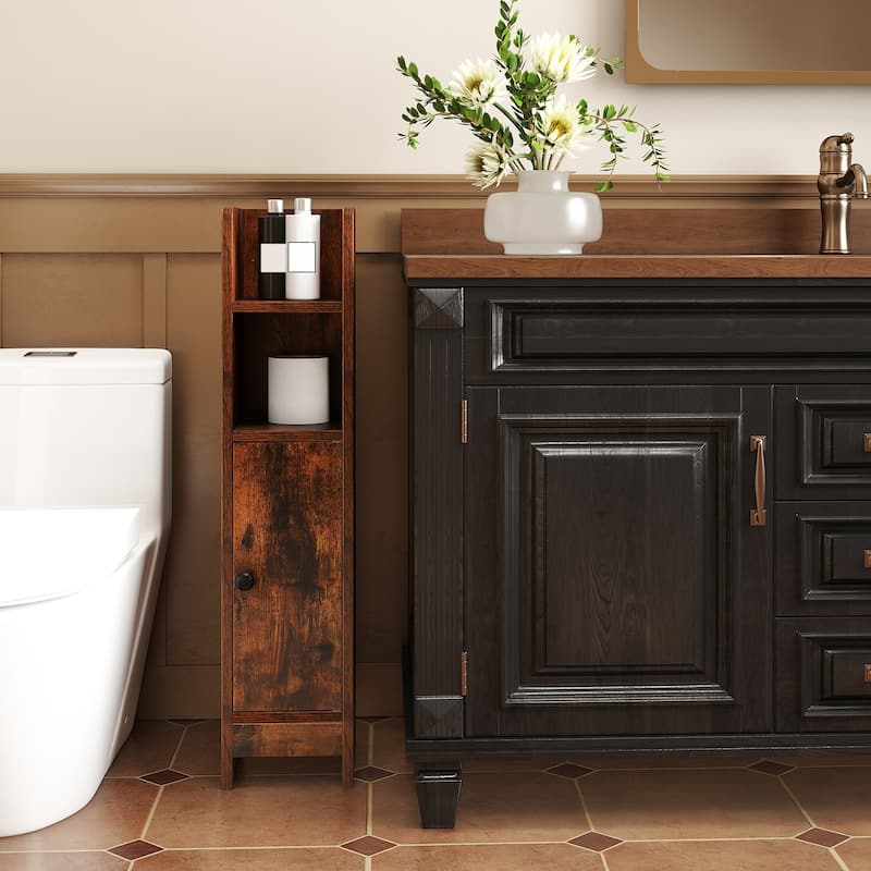 Slim Bathroom Floor Cabinet with Adjustable Shelves Magnetic Door and Open Shelves for Small Spaces - 8" x 7" x 31.5"(L x W x H)