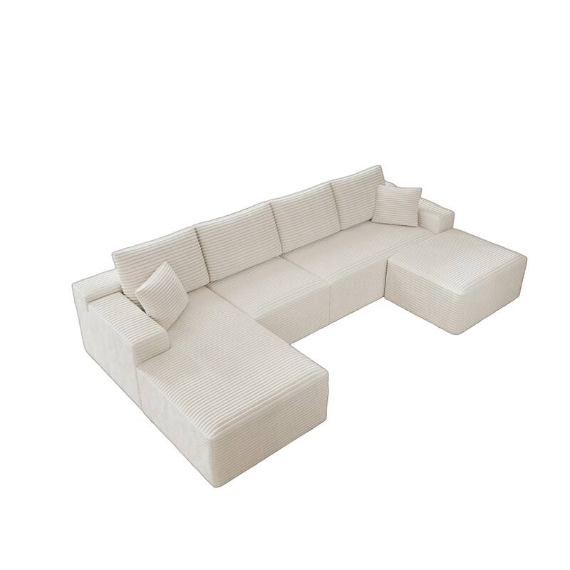 Roomfitters 131.9" Modular Sectional Sofa, 4-Piece Compressed Cloud Couch, No Assembly Required, Plush Corduroy, White