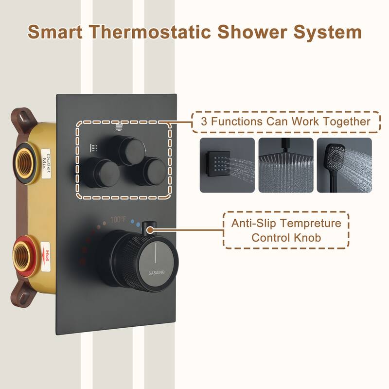 Celling Mount 12 Inch Rainfall Shower Head 3 Function Thermostatic Shower System with 6 Body Jets