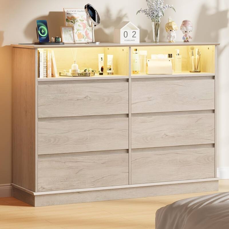 Dresser for Bedroom with 6 Drawers, Modern Chest Featuring LED Lights and Charging Station