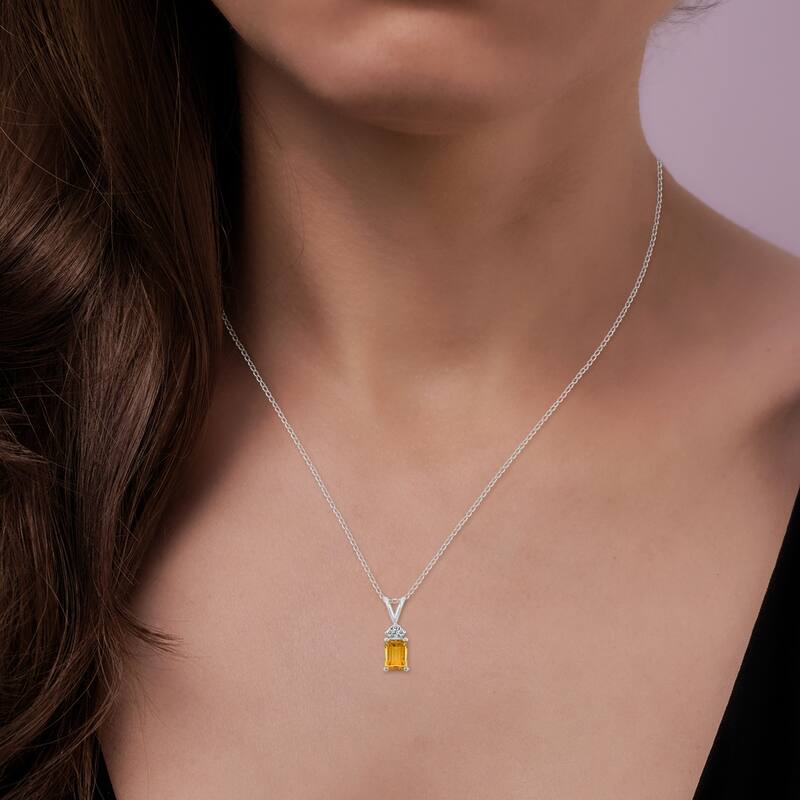 Marquee 14K White Gold 7x5MM Emerald Shaped Citrine and Diamond Pendant