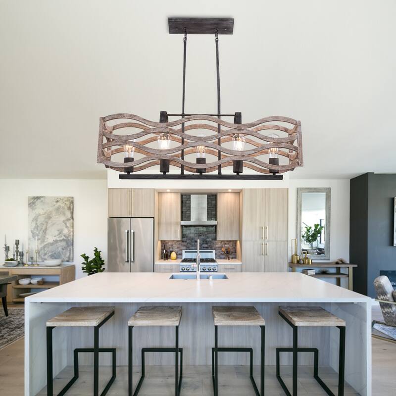 CurveCurio Rustic Wood Chandelier, 5 Lights, White Distressed Fixture for Bedroom and Living Room