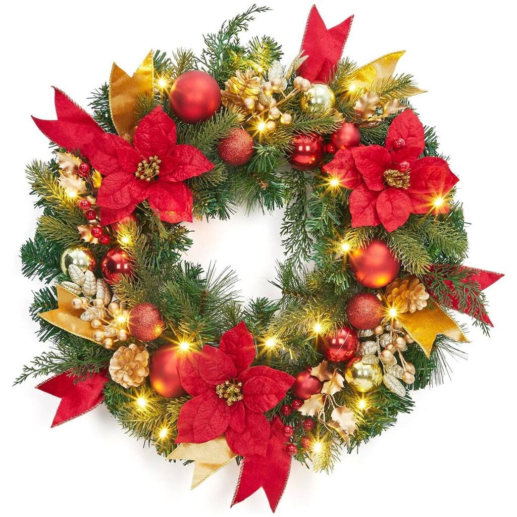 24 Inch PVC Christmas Wreath, Red and Golden Ornament Wreath for Front Door, Fireplace and Table - N/A