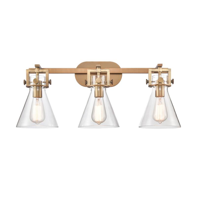 Innovations Lighting Newton Cone - 3 Light 7" Wall-Mounted Bath Vanity Light - Clear/Brushed Brass