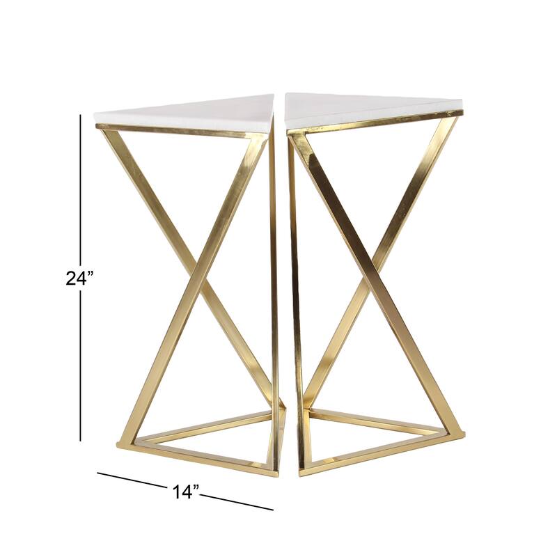 Metal Side End Accent Table with Marble Top - Set of 2 Gold - Roche River Decor