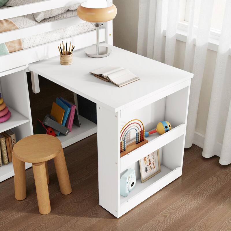 Twin Size Rubber Wood Loft Bed with Pull-Out Desk, Drawer Cabinet, and Shelf Storage, Safety Guardrails and Ladder