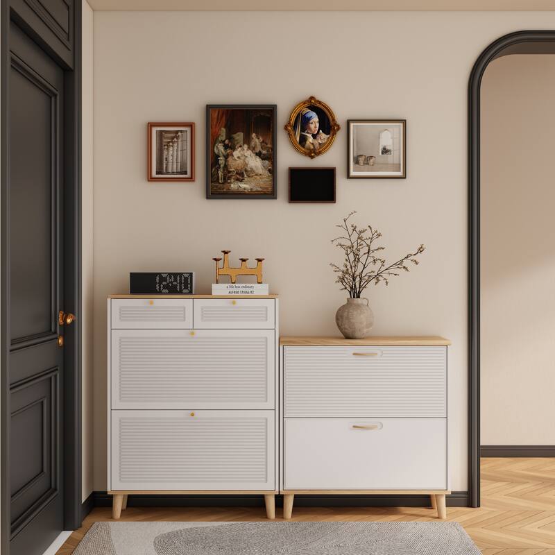 Narrow Shoe Cabinet with 2 Flip-Up Doors & 2 Drawers, Freestanding Entryway Shoe Organizer, Shoe Rack with Natural Wood Legs