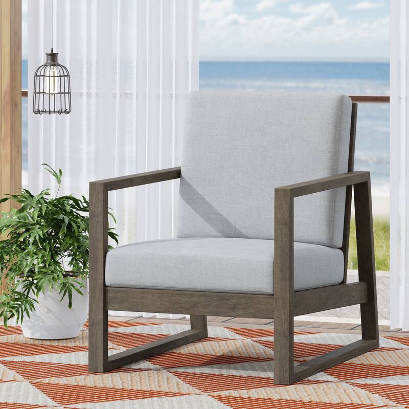Roomfitters Modern Outdoor Wooden Club Chair with Clean-Line Frame and Weather-Resistant Cushions - Grey