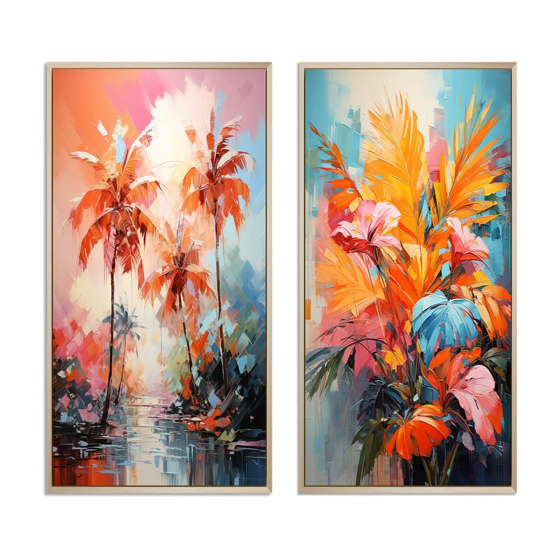 Designart "Orange Pink Palm Trees Abstract" Palms & Palm Trees Framed Wall Art Set Of 2 - Wall Set For Home Decor
