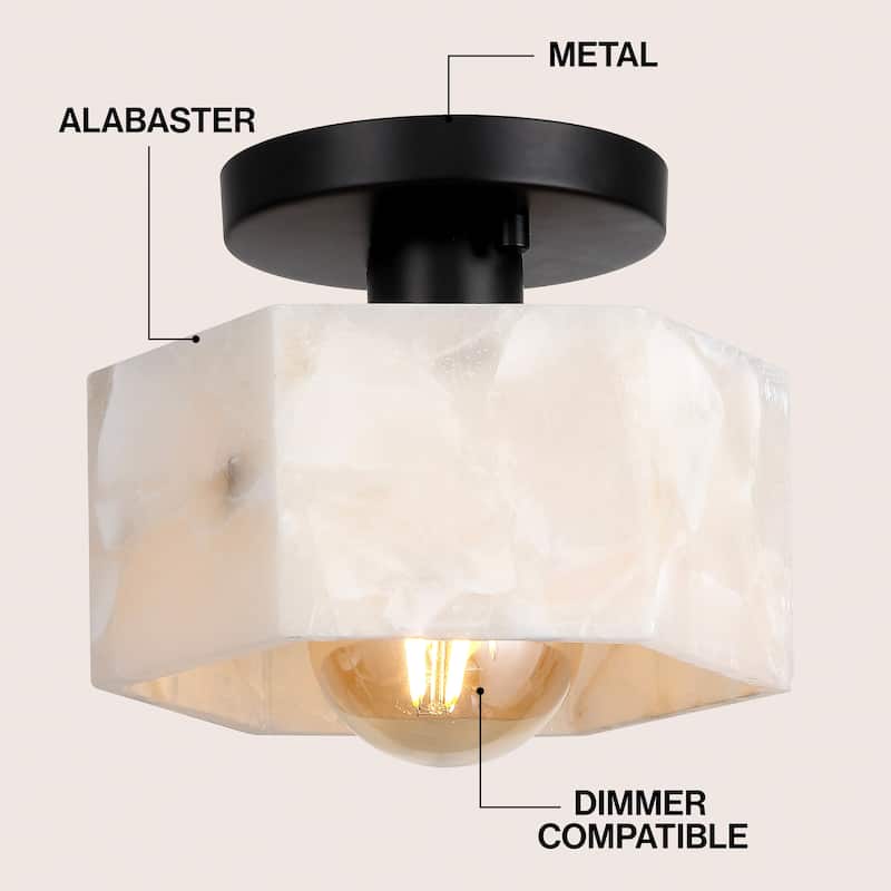 Celine 8" 1-Light Modern Contemporary Alabaster/Iron Hexagonal LED Semi Flush Mount, White Marbling/Brass Gold by JONATHAN Y