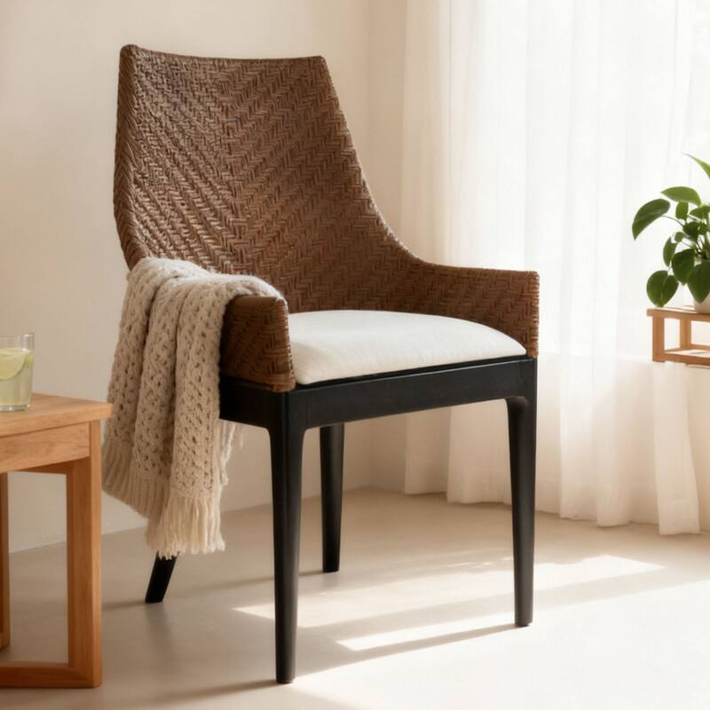 Bohemian 18" W Natural Rattan Backrest with Upholstered Armchair - Single - Natural Black
