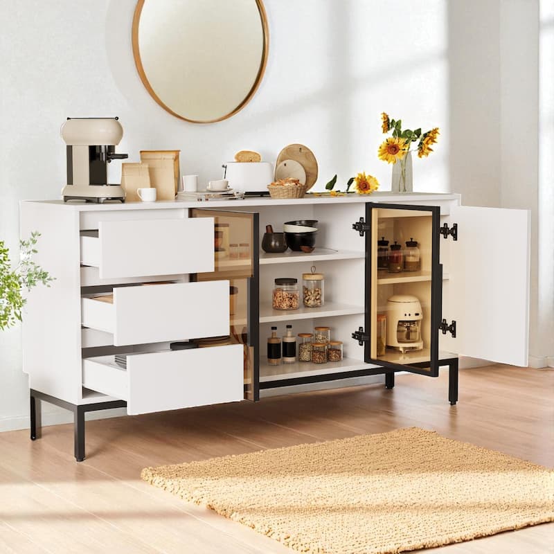 Buffet Storage Cabinet with 3 Drawers and Double Doors, Kitchen Sideboard Console for Dining Room.