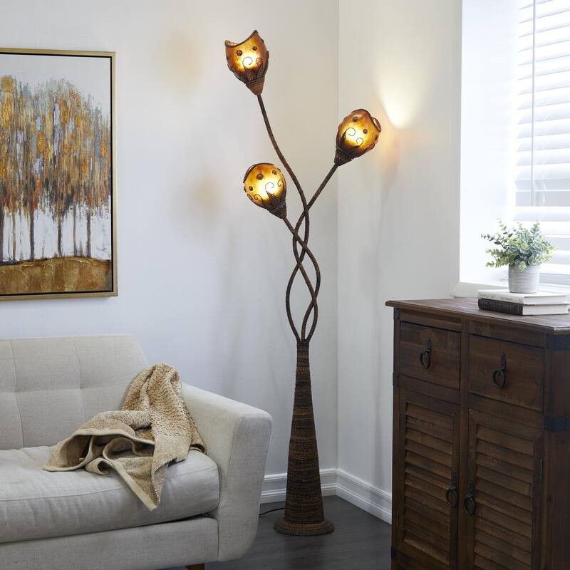 Dried Plant Room Floor Lamp with Decorated Orange Lamp Shades - Brown - Roche River Decor
