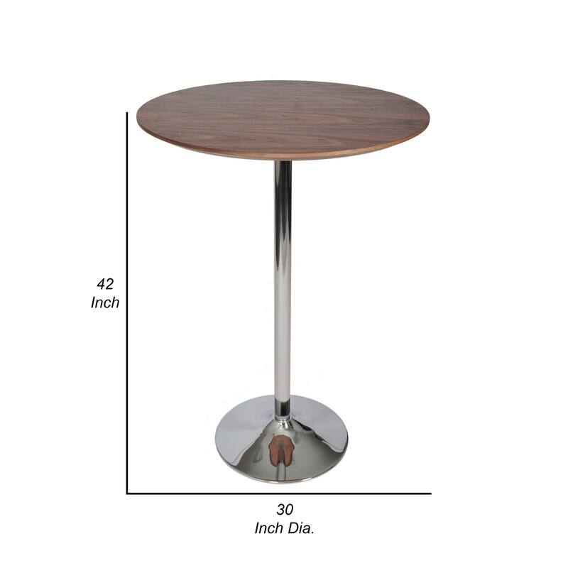 42 Inch High Bar Table, Walnut Brown Round Top, Modern Metal Pedestal Base