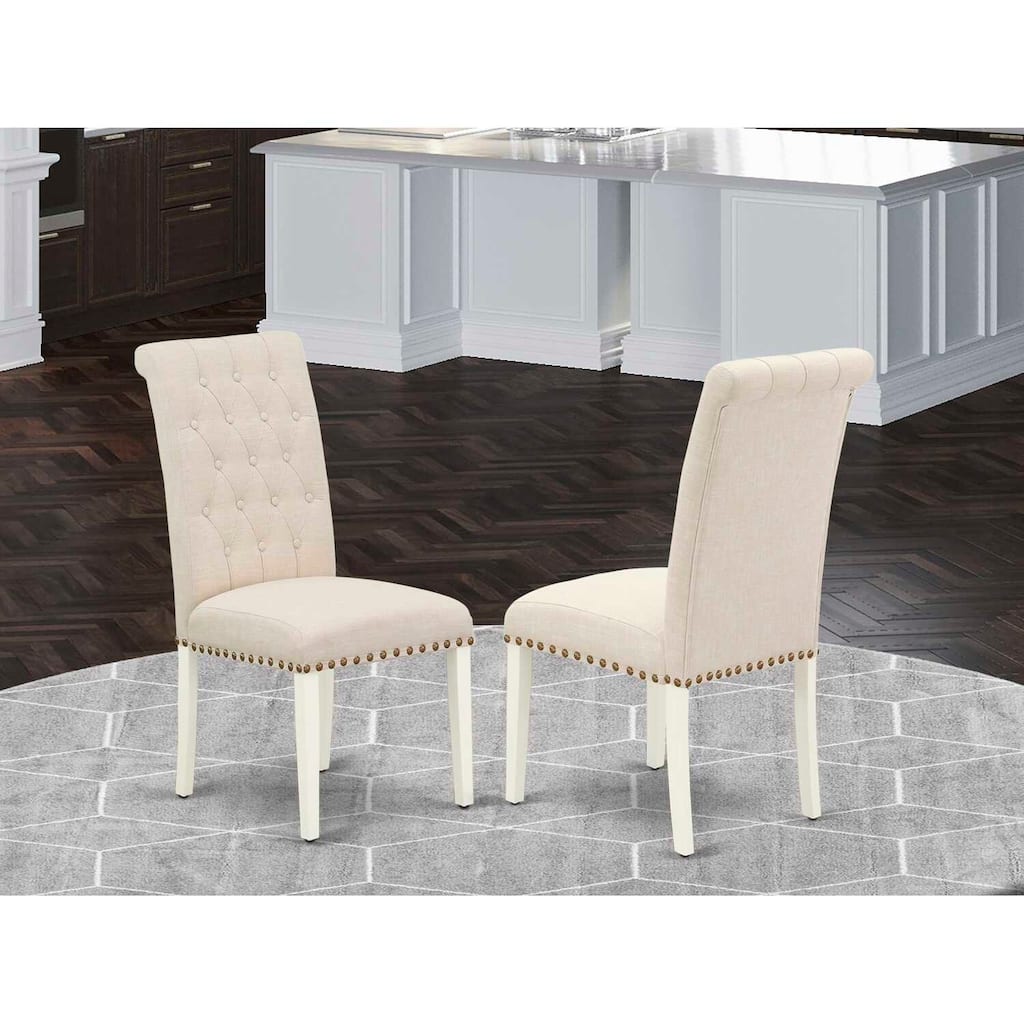 Parson Chair Set of 2 - Linen Fabric Dining Chairs - Modern Accent Chairs - Light Beige & White