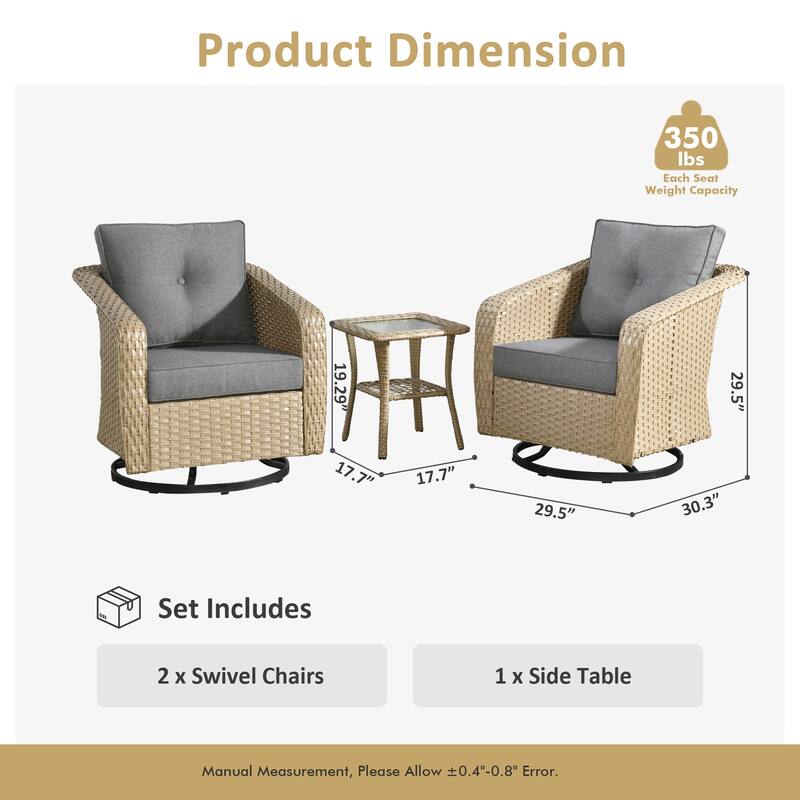 XIZZI 3-Piece Outdoor Chairs Wicker Swivel Rocker with Cushions
