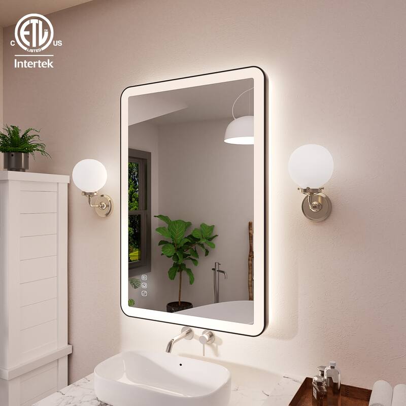 Rectangular Angle Rounded Framed Super Bright LED Wall Mounted Bathroom Vanity Mirror in Matte Black - 32" * 24" - Black
