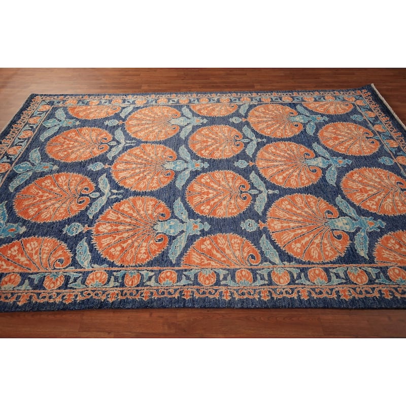 Blue & Orange Ziegler Vegetable Dye Area Rug Hand-Knotted Wool Carpet - 6'2" x 9'5"