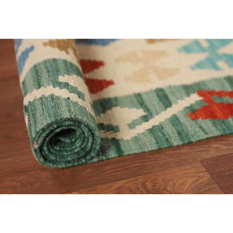 Kilim Reversible Area Rug Hand-Woven Geometric Beige Wool Carpet - 4'10"x 6'5"